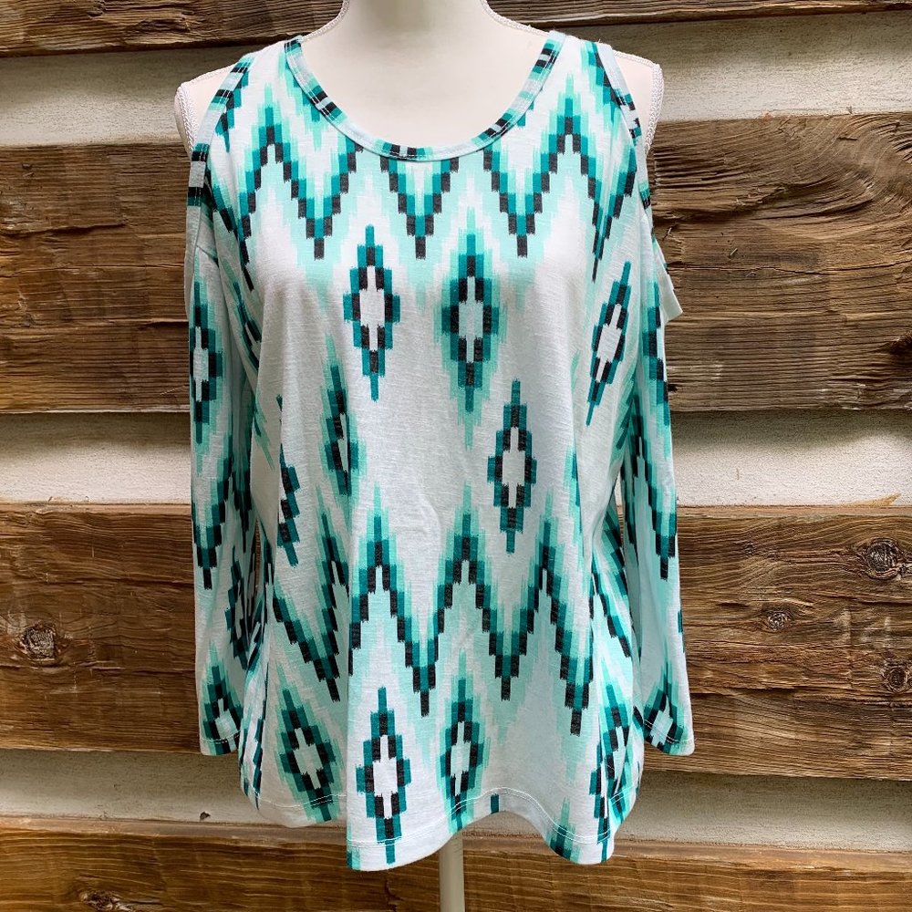 CHARMING CHARLIE Cold Shoulder, Open Back Knit Top.  Geometric Green Black Sz S